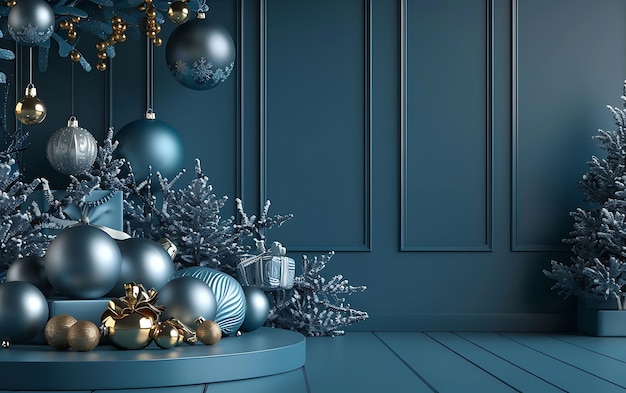 uma sala azul com uma árvore de Natal e ornamentos na mesa