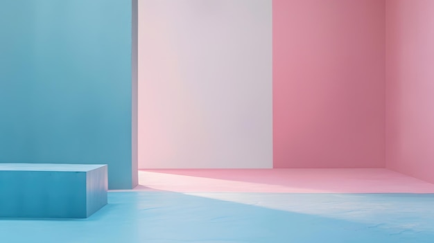 uma sala azul e rosa com uma parede azul e rosa e uma caixa azul no chão