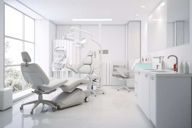 Uma sala básica, mas funcional, com uma cadeira, uma pia e uma janela, oferecendo simplicidade e utilidade. Escritório de dentista interior branco com equipamentos médicos.