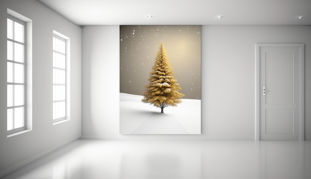 Uma sala branca com piso branco e uma árvore dourada no meio