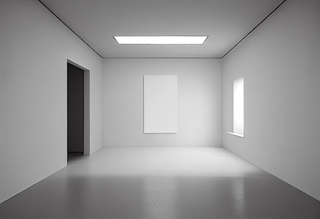 Uma sala branca com um grande pôster branco na parede.