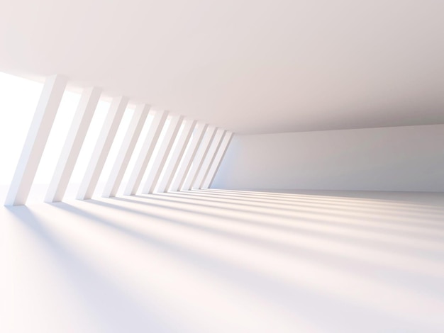 Uma sala branca com uma fileira de janelas e um teto branco com uma fileira de janelas.