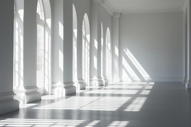 uma sala branca com uma grande janela e o sol brilhando pelas janelas.