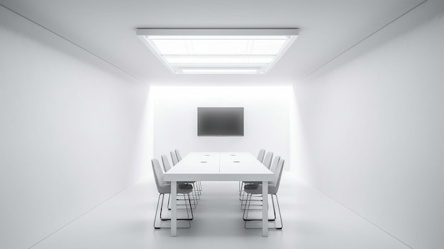 Uma sala branca com uma grande mesa e cadeiras e uma televisão na parede.