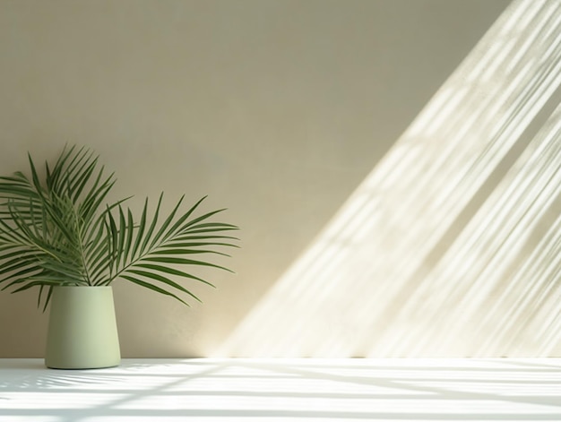 Uma sala branca com uma planta e uma luz na parede
