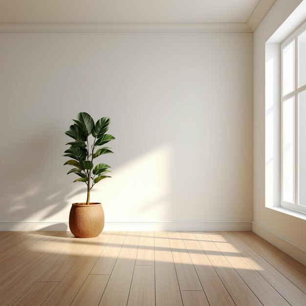 Uma sala branca vazia com piso de madeira e um vaso de plantas