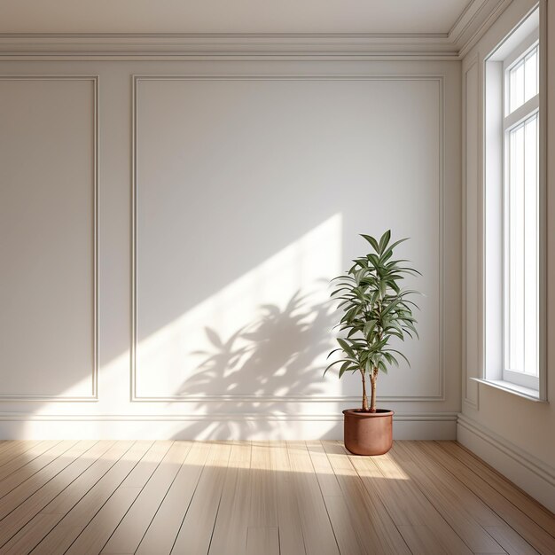 Uma sala branca vazia com piso de madeira e um vaso de plantas