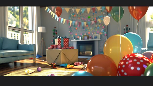 Foto uma sala brilhantemente iluminada decorada com balões coloridos e streamers de festa