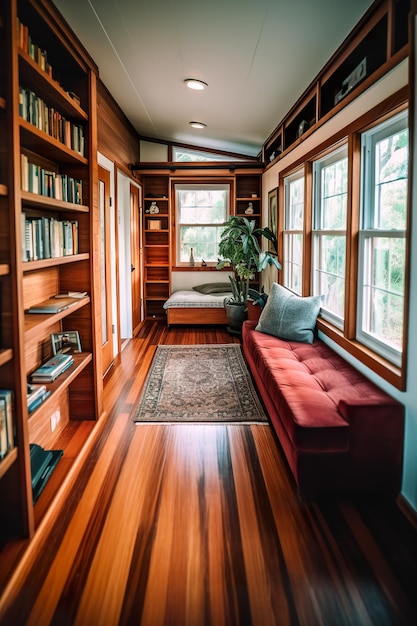 Uma sala cheia de livros e um sofá vermelho Imagem generativa de IA
