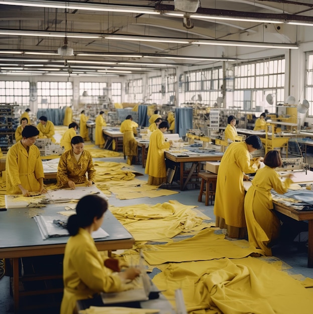 Uma sala cheia de pessoas com roupas amarelas e uma delas com uma capa amarela por cima.