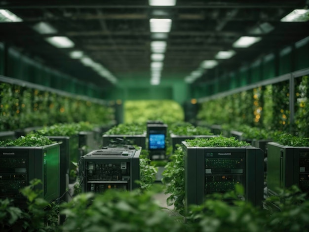 uma sala cheia de plantas e computadores no chão de um prédio