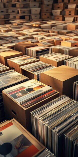 Foto uma sala cheia de uma coleção diversificada de discos esta imagem pode ser usada para retratar uma coleção de amantes da música uma loja de discos de vinil ou a nostalgia da era analógica