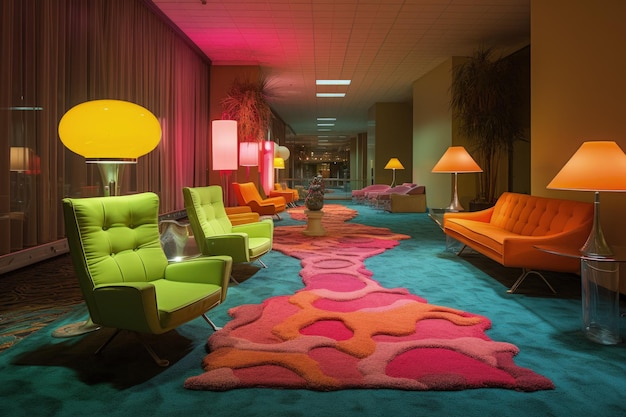 Uma sala colorida com cadeiras e luminárias