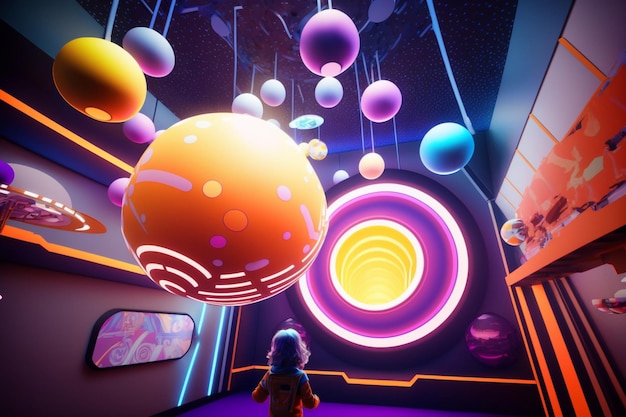 Uma sala colorida com um tema roxo e laranja e um círculo roxo com a palavra planeta nele ai gen