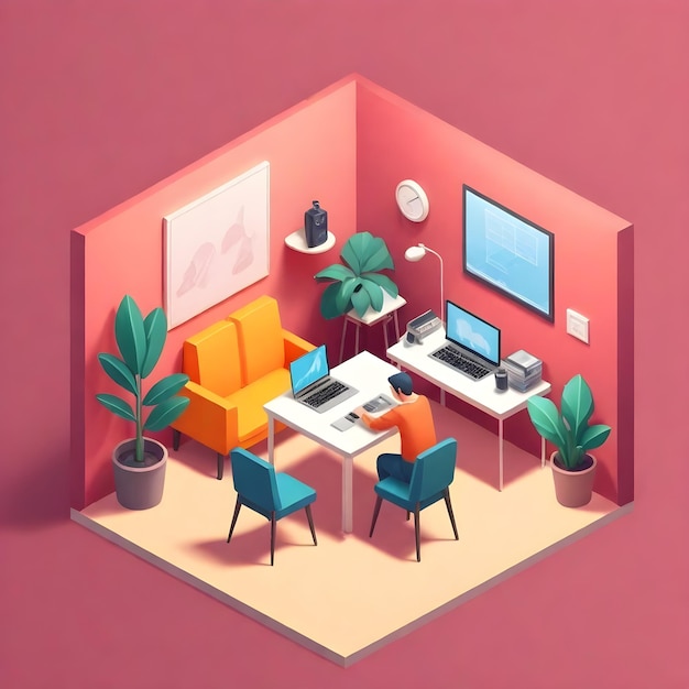 uma sala colorida com uma parede rosa e um computador e uma planta na parede