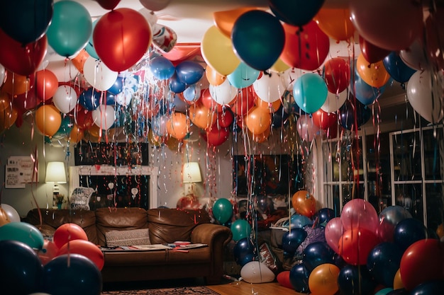 Uma sala com balões e um sofá e um sofá.