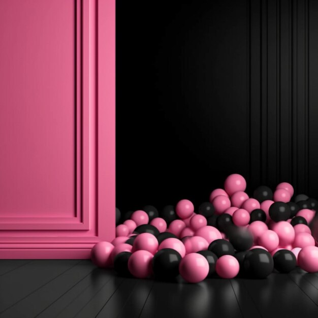 Uma sala com bolas pretas e rosa no chão e uma parede rosa.