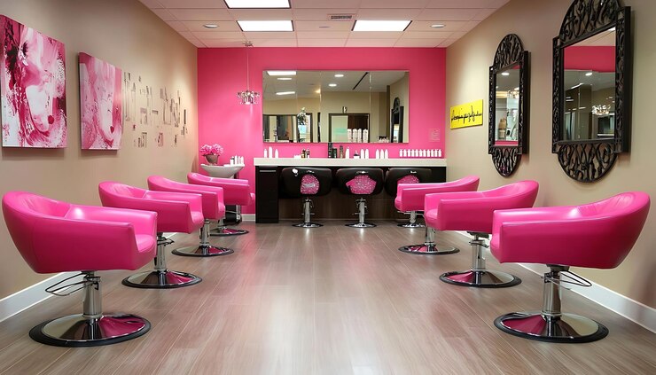 Foto uma sala com cadeiras cor-de-rosa e um espelho.