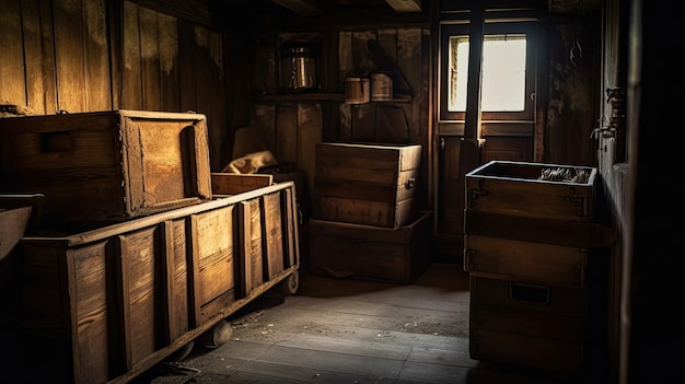 Uma sala com caixas de madeira e uma janela que diz 'a palavra " nela.