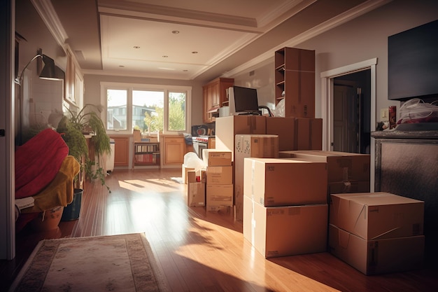 Foto uma sala com caixas empilhadas umas sobre as outras e uma planta no canto.