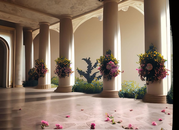 Uma sala com colunas e flores no chão.