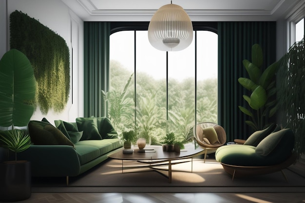 Uma sala com cortinas verdes e uma grande janela que diz 'verde'