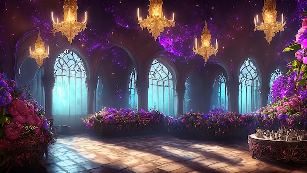 uma sala com flores e um candelabro com um fundo roxo