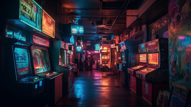 Uma sala com jogos de fliperama e uma placa que diz 'arcade'