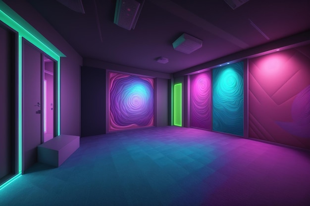 Uma sala com luzes neon e uma porta que diz 'a sala é neon'