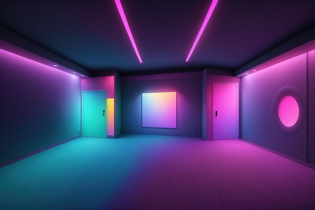 Uma sala com luzes neon e uma porta que diz 'neon'