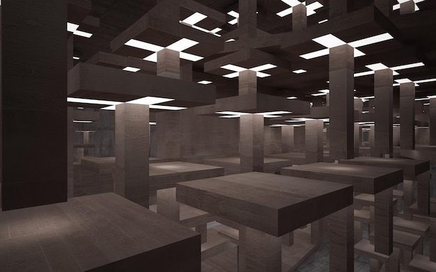 Uma sala com mesas de madeira e um teto com uma série de cubos.