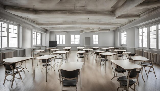 uma sala com mesas e cadeiras com uma grande tela no teto