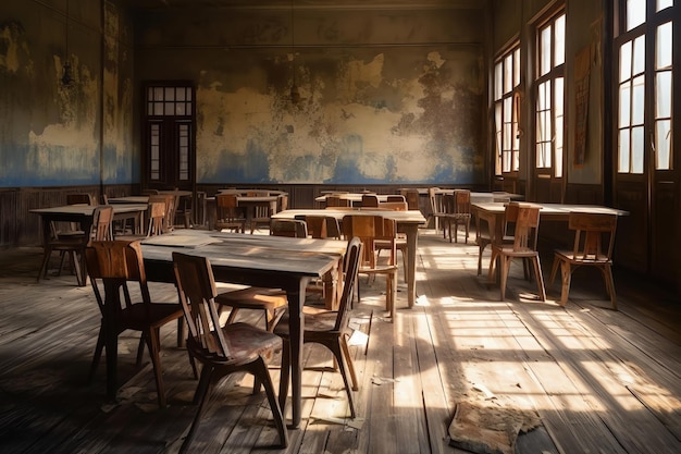 Uma sala com mesas e cadeiras no meio