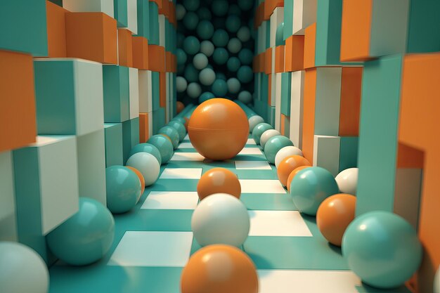 Uma sala com muitas bolas e um fundo azul e laranja.