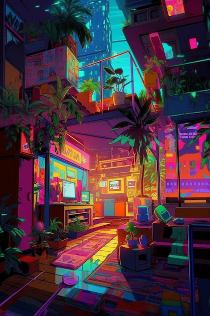 Uma sala com muitas plantas e uma placa que diz 'neon'