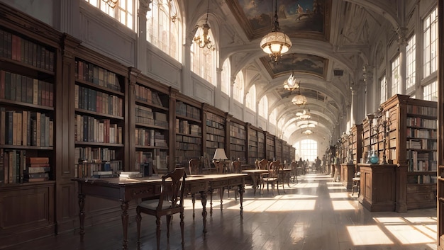 Uma sala com muitos livros e um candelabro