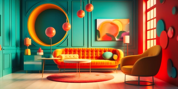 Uma sala com paredes coloridas e sofá