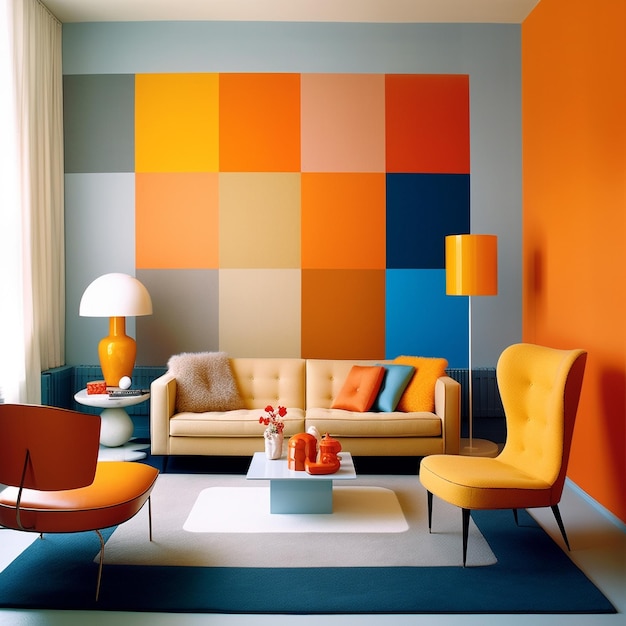 uma sala com paredes coloridas e um sofá com cadeira amarela.