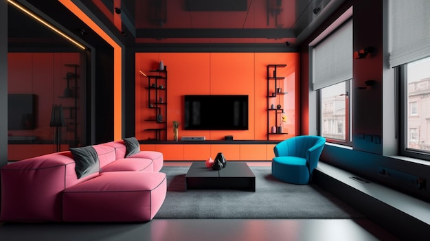 Uma sala com paredes laranja e um sofá preto com um sofá azul e rosa e uma tv preta.