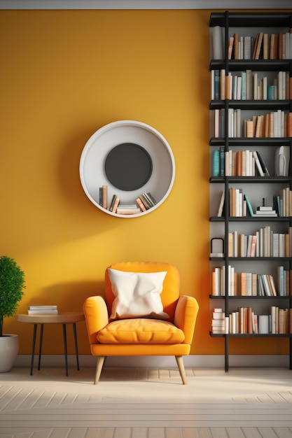 Uma sala com paredes laranja e uma cadeira ai