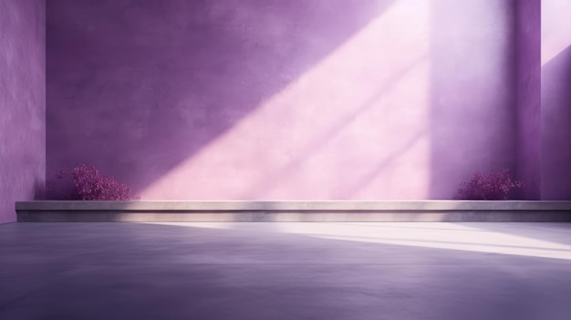 Uma sala com paredes roxas e chão de concreto no estilo de lentes flare paisagens fotorrealistas
