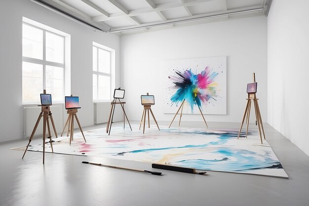 uma sala com pinturas e pinturas nas paredes e uma pintura de uma pintura colorida