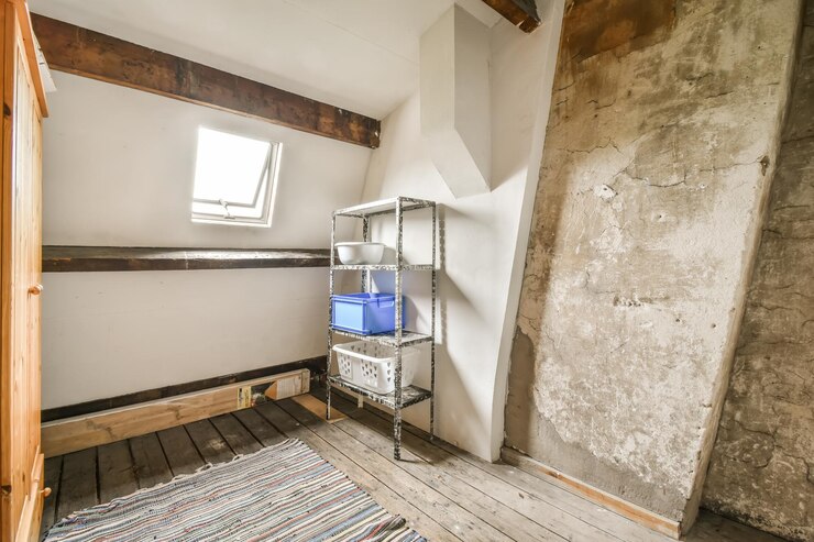 Foto uma sala com piso de madeira e paredes expostas em uma casa de estilo sótão que precisa ser usada para armazenamento