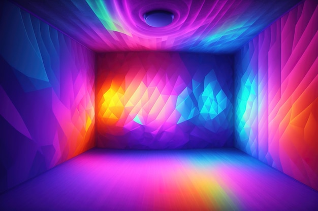 Uma sala com piso roxo e uma luz colorida na parede