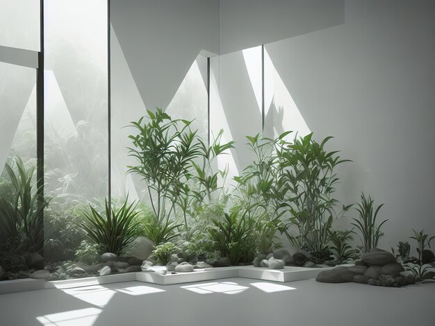 Uma sala com plantas e pedras no chão