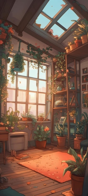 Uma sala com plantas e uma janela que diz 'casa das plantas'