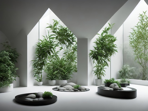 Uma sala com plantas e uma janela que diz "zen" nela.