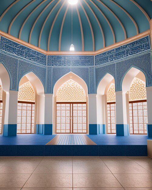 Uma sala com teto azul e branco e um chapéu de teto azul e branco diz a mesquita