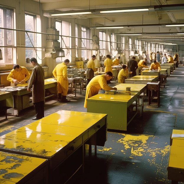 Uma sala com tinta amarela no chão e pessoas trabalhando em mesas com uma pessoa trabalhando.