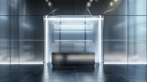 Uma sala com um banco solitário colocado no meio cercado por espaço vazio e luz ambiente